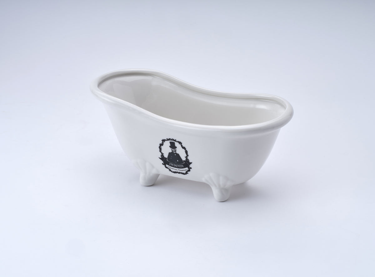 Incognito miniature white bathtub cocktail vessel with classic curved design and Incognito Cocktail Company branding, presented in an Incognito gift box.