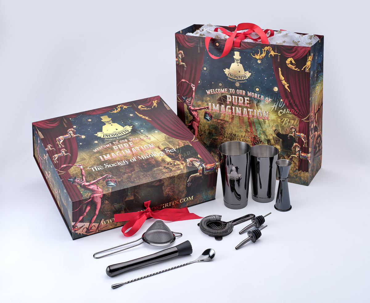 Incognito Society of Mixology luxury cocktail making kit with stainless steel shaker, strainer, jigger, bar spoon and cocktail accessories in a premium illustrated gift box with luxury gift bag