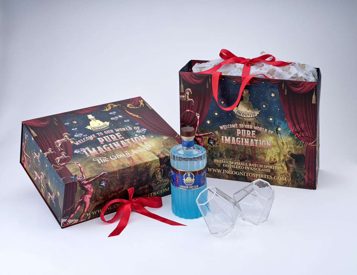 Incognito Spirits Crown Jewels luxury gift set featuring a premium bottle of Incognito London Dry Gin and two elegant diamond-cut glasses, presented in a signature gift box and gift bag.