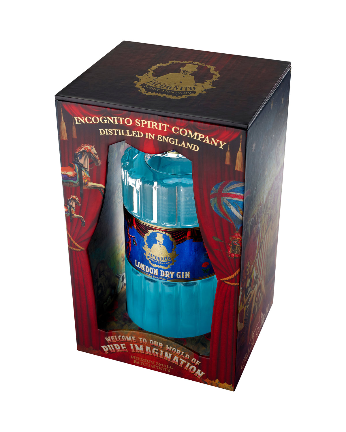 Incognito Spirits award-winning London Dry Gin in its signature blue bottle, presented alongside a luxury illustrated Pure Imagination gift box and matching gift bag.