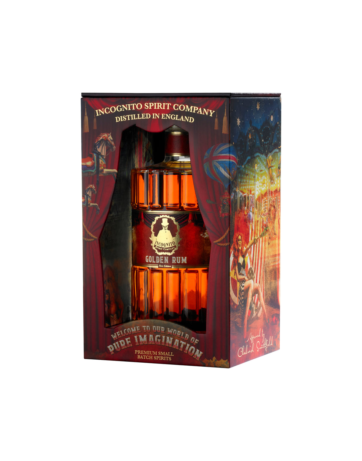 Master Award-winning Incognito Golden Rum, a blend of un-aged, 2-year and 5-year aged rums, presented in a premium illustrated gift box with luxury Incognito gift bag.