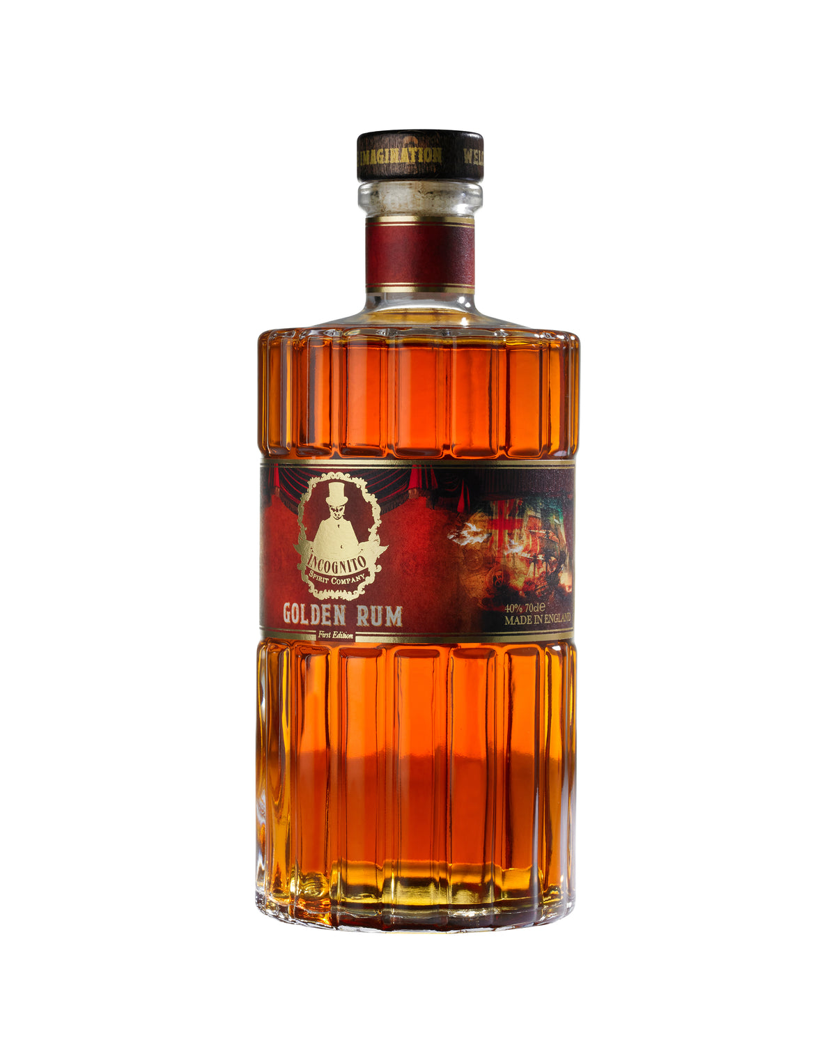 Incognito Spirits Master award-winning Golden Rum bottle presented alongside its signature Pure Imagination luxury gift bag with red ribbon handles