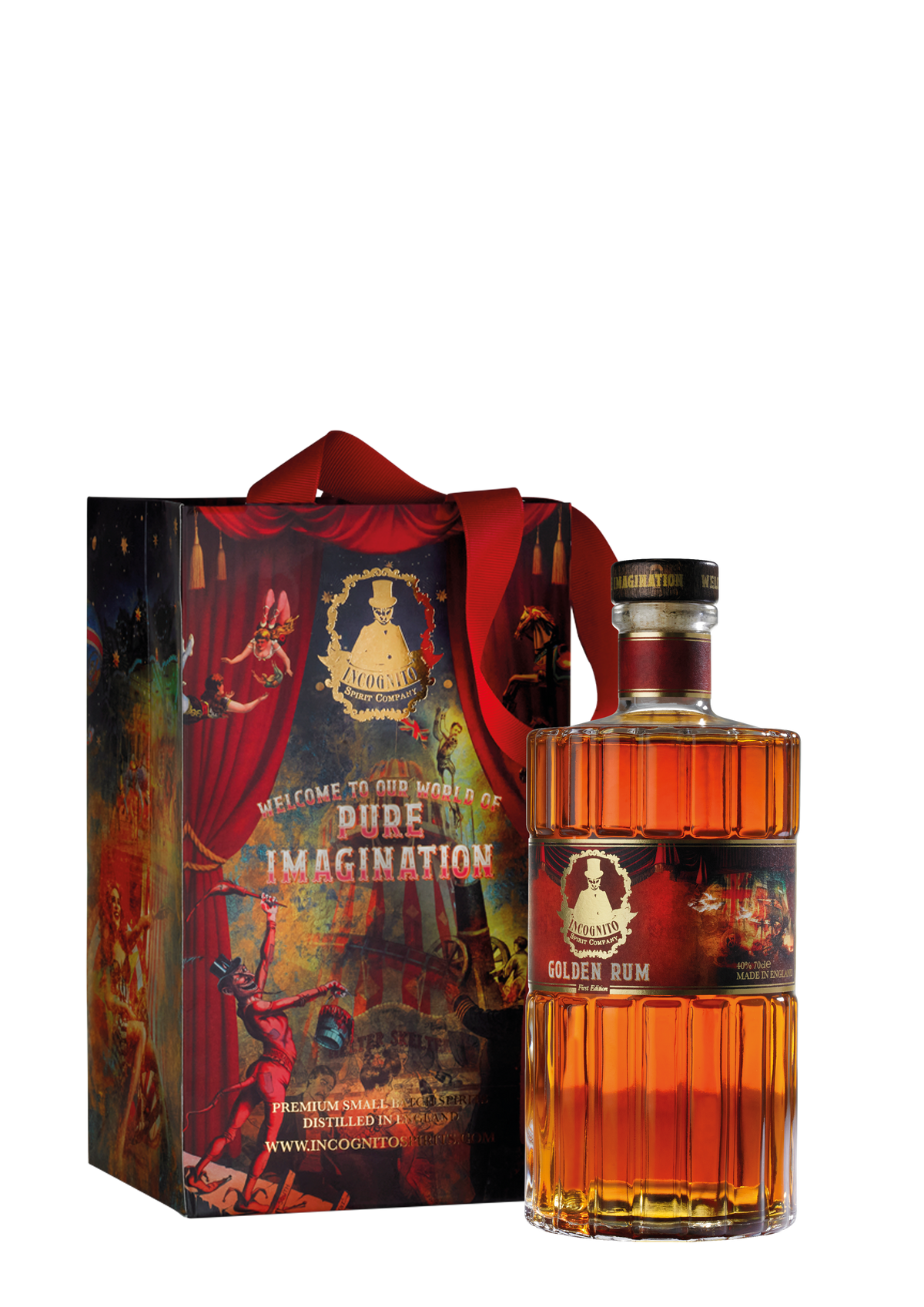Incognito Spirits Master award-winning Golden Rum bottle presented alongside its signature Pure Imagination luxury gift bag with red ribbon handles