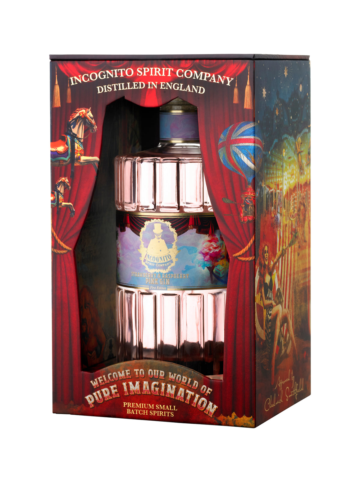 A collector's edition Incognito Strawberry & Raspberry Pink Gin bottle, presented in a decorative gift box