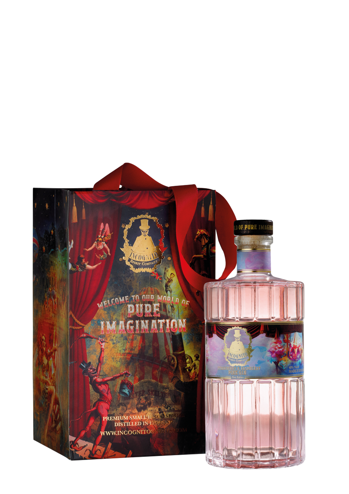 Incognito Strawberry & Raspberry Pink Gin bottle presented with a premium illustrated Incognito gift bag featuring the signature Pure Imagination design.