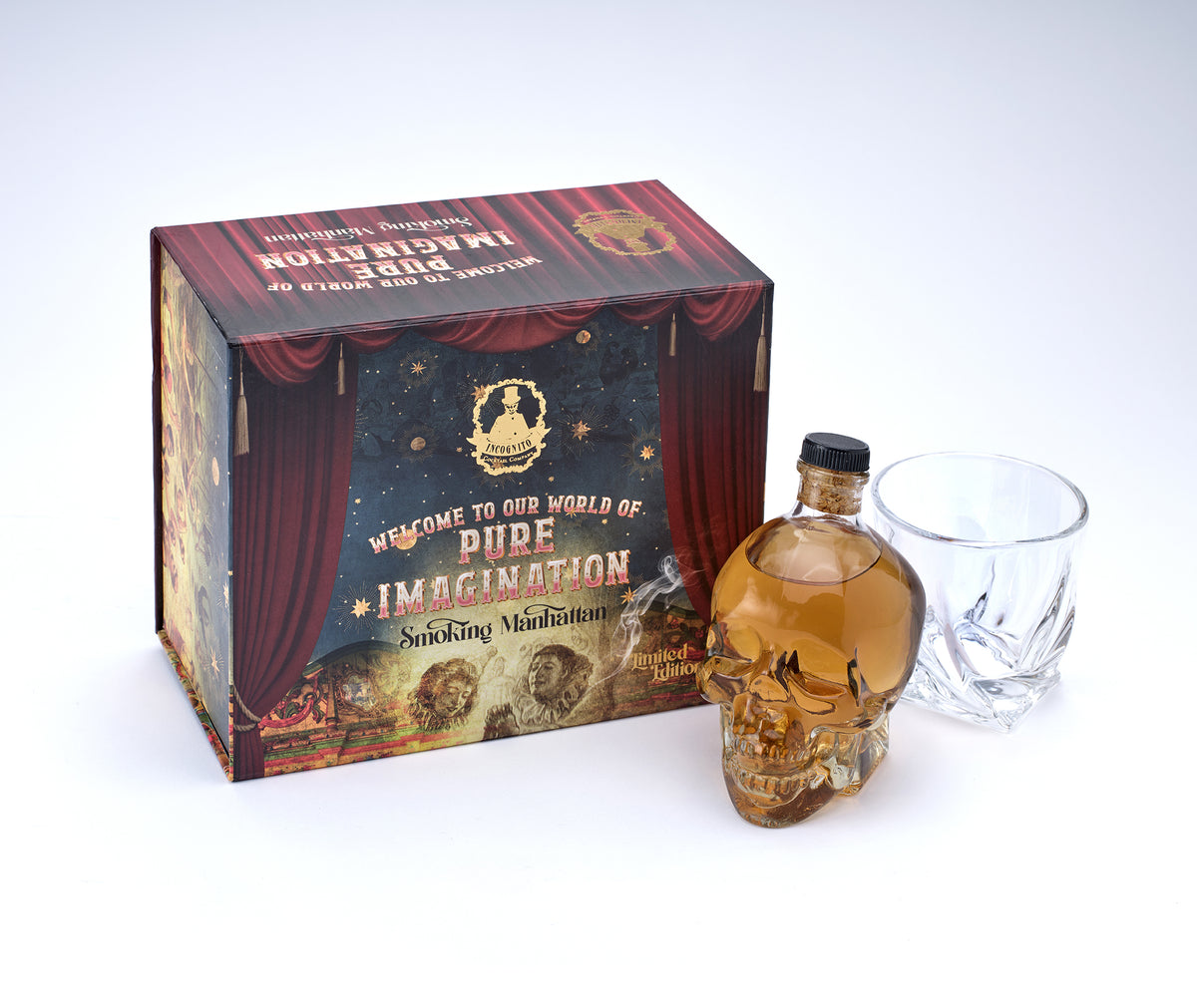 Incognito Smoking Manhattan limited edition gift set with 450ml glass skull spirit decanter, cut-glass tumbler and signature Pure Imagination presentation box.