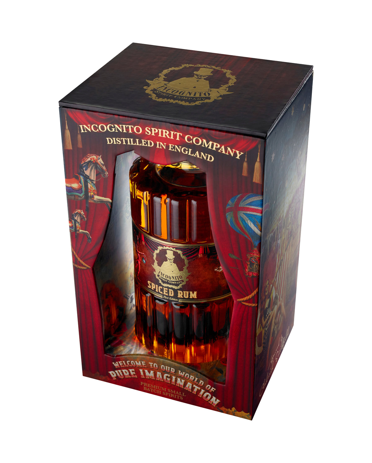Award-winning Incognito Spiced Rum presented in a premium illustrated gift box with matching luxury Incognito gift bag featuring the Pure Imagination design.