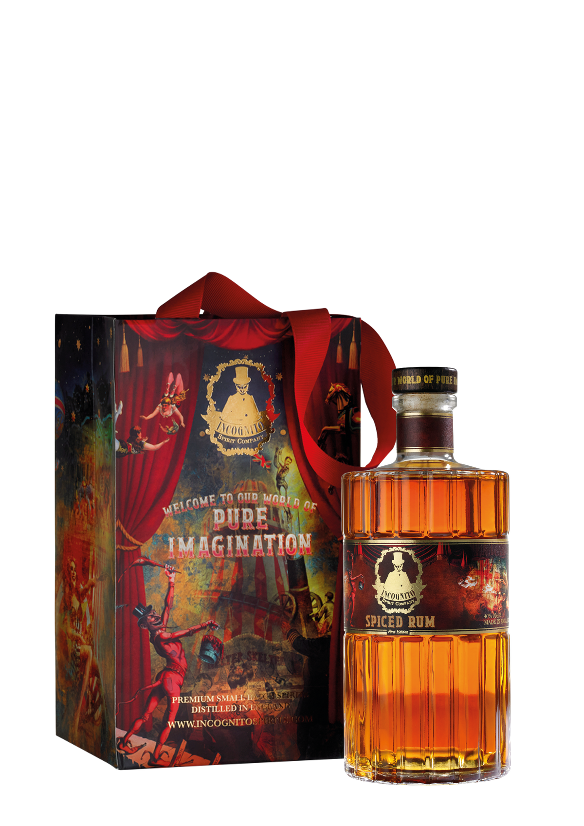 Incognito Spirits award winning Spiced Rum bottle presented alongside its signature Pure Imagination luxury gift bag with red ribbon handles.