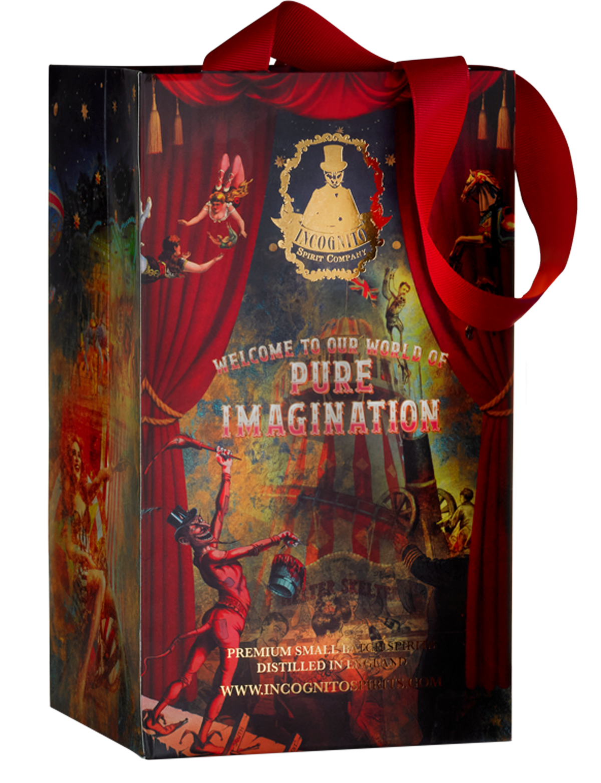 A tall rectangular gift box with red fabric handles, featuring theatrical circus-style artwork in red curtains, performers, and the text 'Welcome to Our World of Pure Imagination'