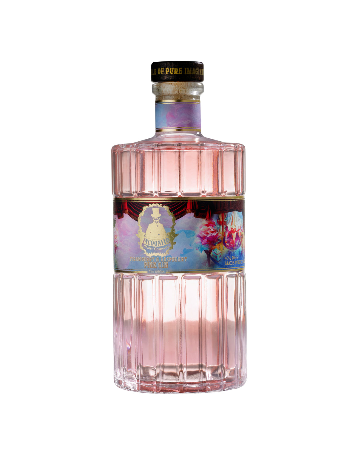 Incognito Strawberry & Raspberry Pink Gin bottle presented with a premium illustrated Incognito gift bag featuring the signature Pure Imagination design.