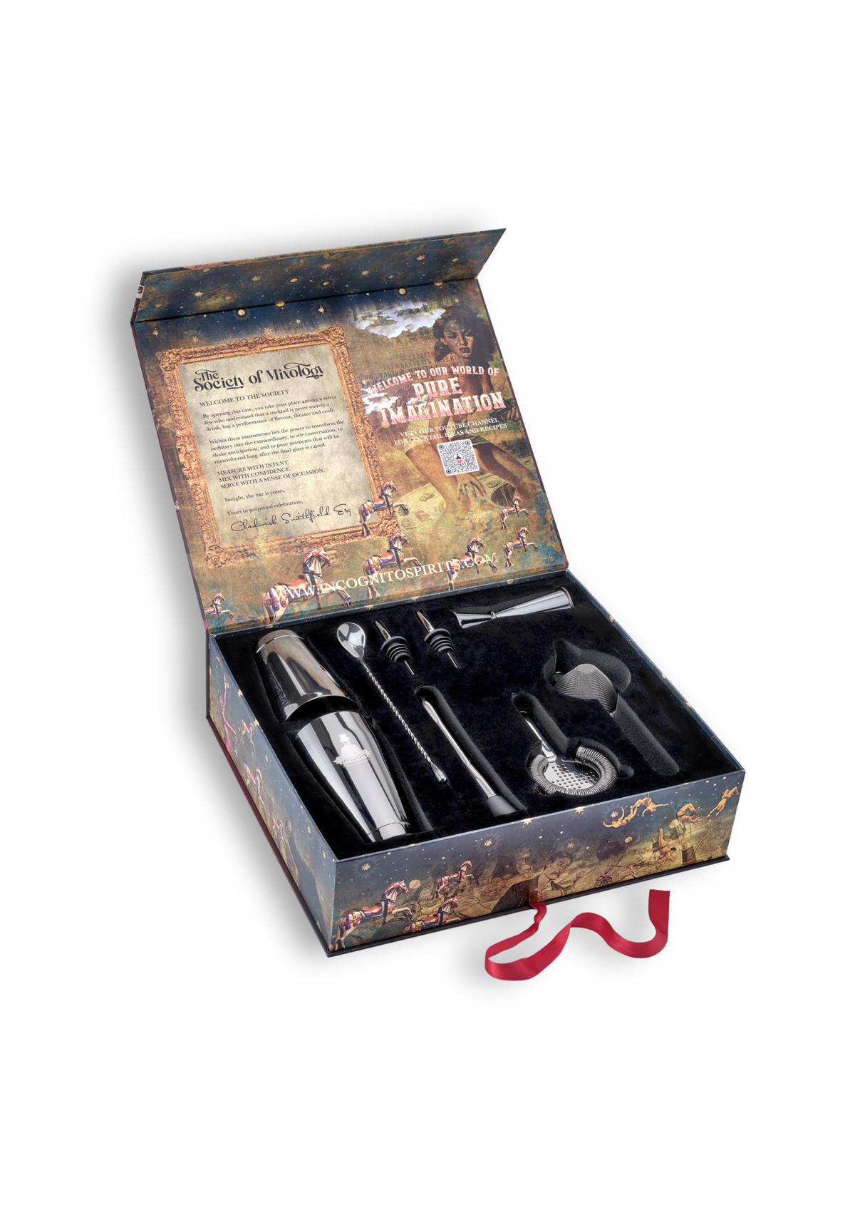 Incognito Society of Mixology luxury cocktail making kit with stainless steel shaker, strainer, jigger, bar spoon and cocktail accessories in a premium illustrated gift box with luxury gift bag
