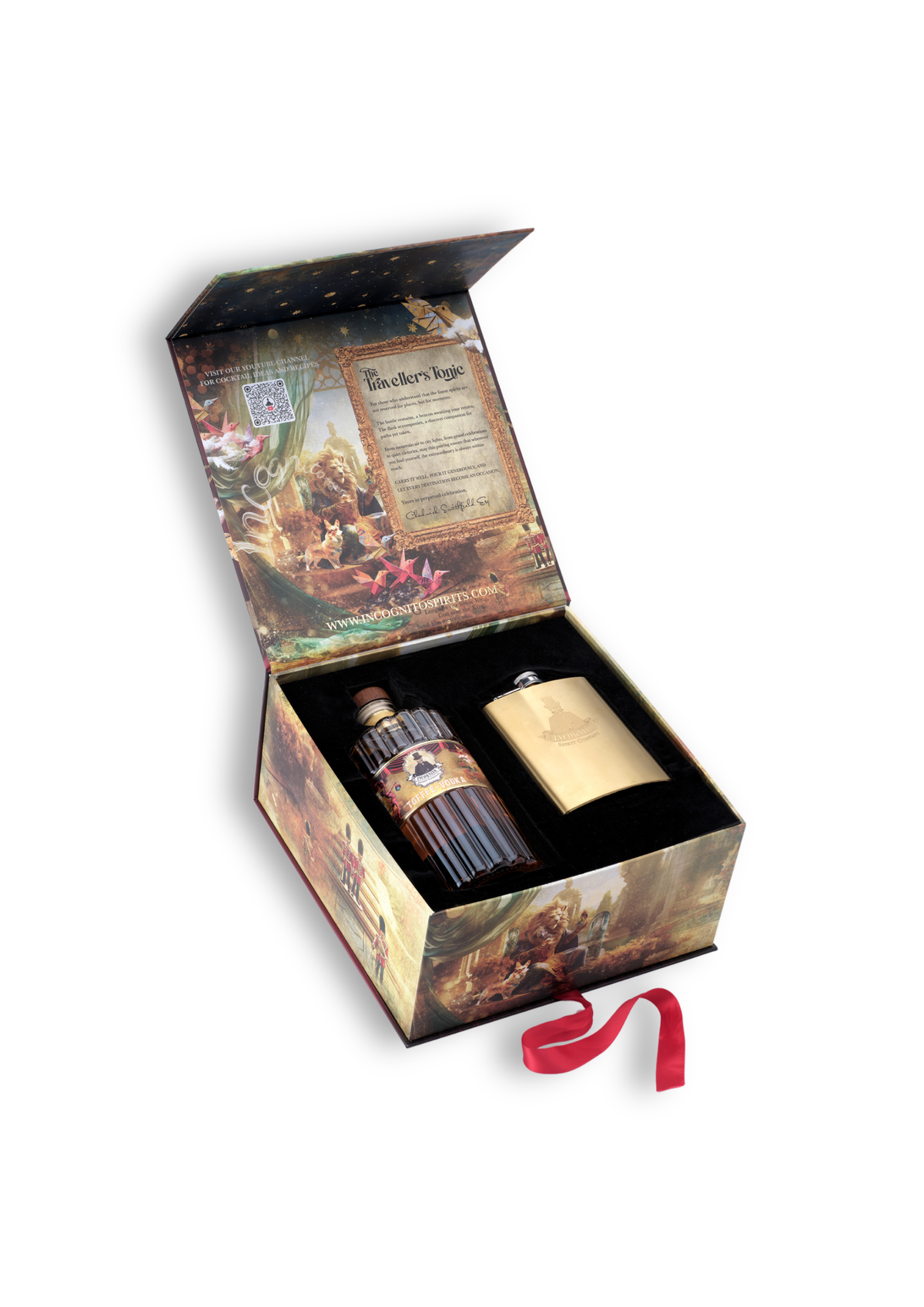 Incognito Traveller’s Tonic luxury Toffee Vodka gift set with bottle of Incognito Toffee Vodka and gold hip flask in a premium presentation box and gift bag.