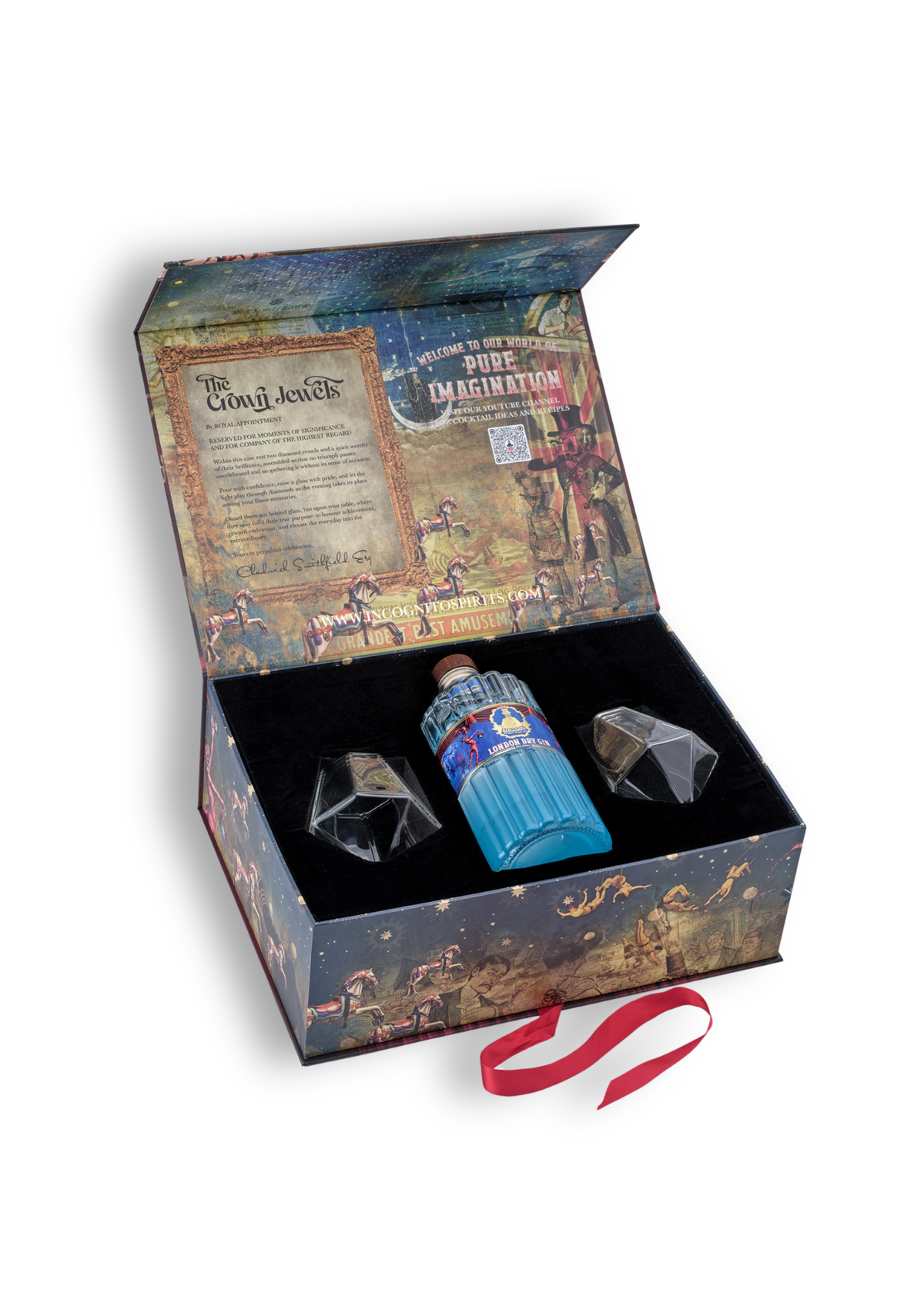 Incognito Spirits Crown Jewels luxury Gin gift set with a bottle of Incognito London Dry Gin and two diamond-cut glasses in a premium gift box and gift bag