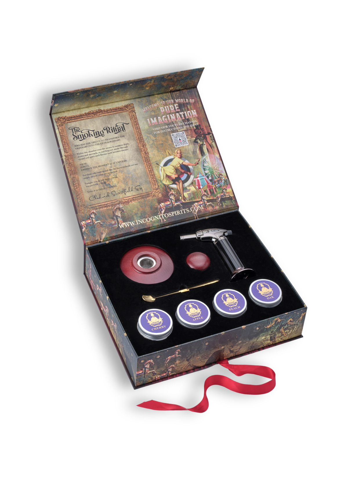 Incognito Spirits Cocktail Smoking Kit in a luxury Pure Imagination gift box, featuring smoking dome, cocktail torch, spoon and four wood smoking flavours.