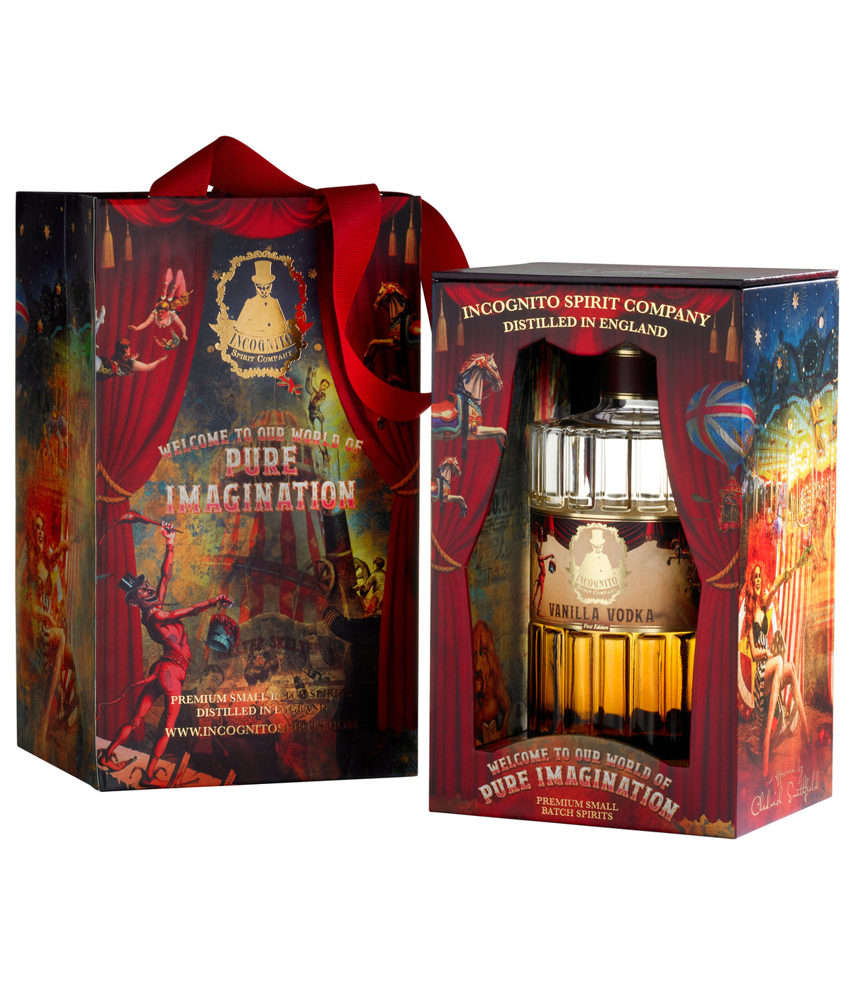 A collector's edition bottle of Incognito Vanilla Vodka with a decorative, colorful box. The bottle is clear, showing the amber-colored vodka inside. comes in luxury gift box and gift bag