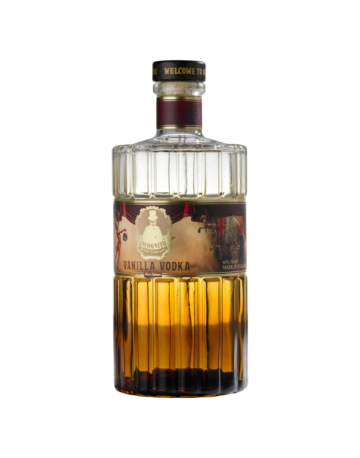 A bottle of Incognito Vanilla Vodka with a clear liquid visible through the transparent bottle. The label shows Incognito Spirit company and Vanilla vodka