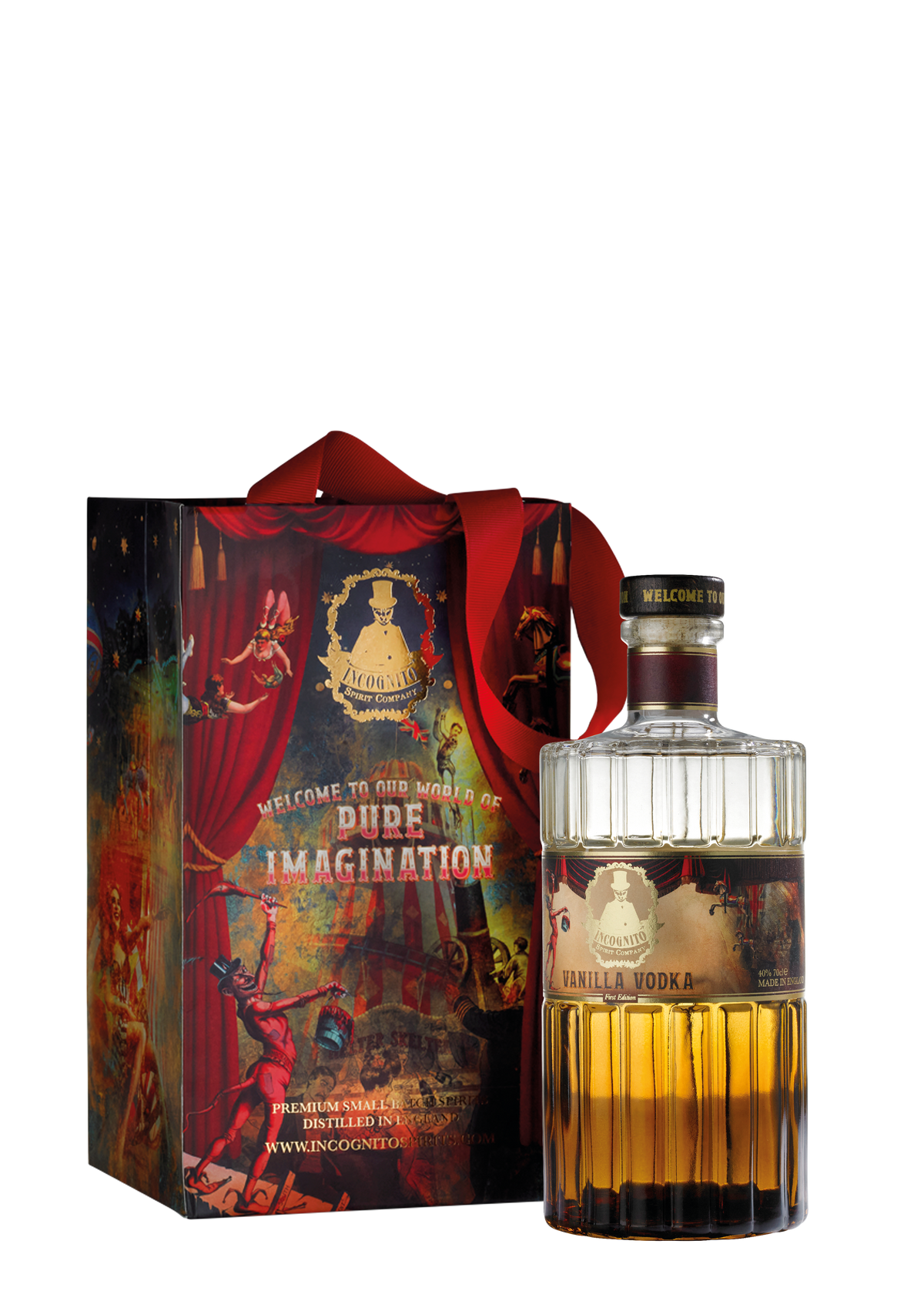 Incognito Spirits Vanilla Vodka bottle presented alongside its signature Pure Imagination luxury gift bag with theatrical artwork and red ribbon handles.