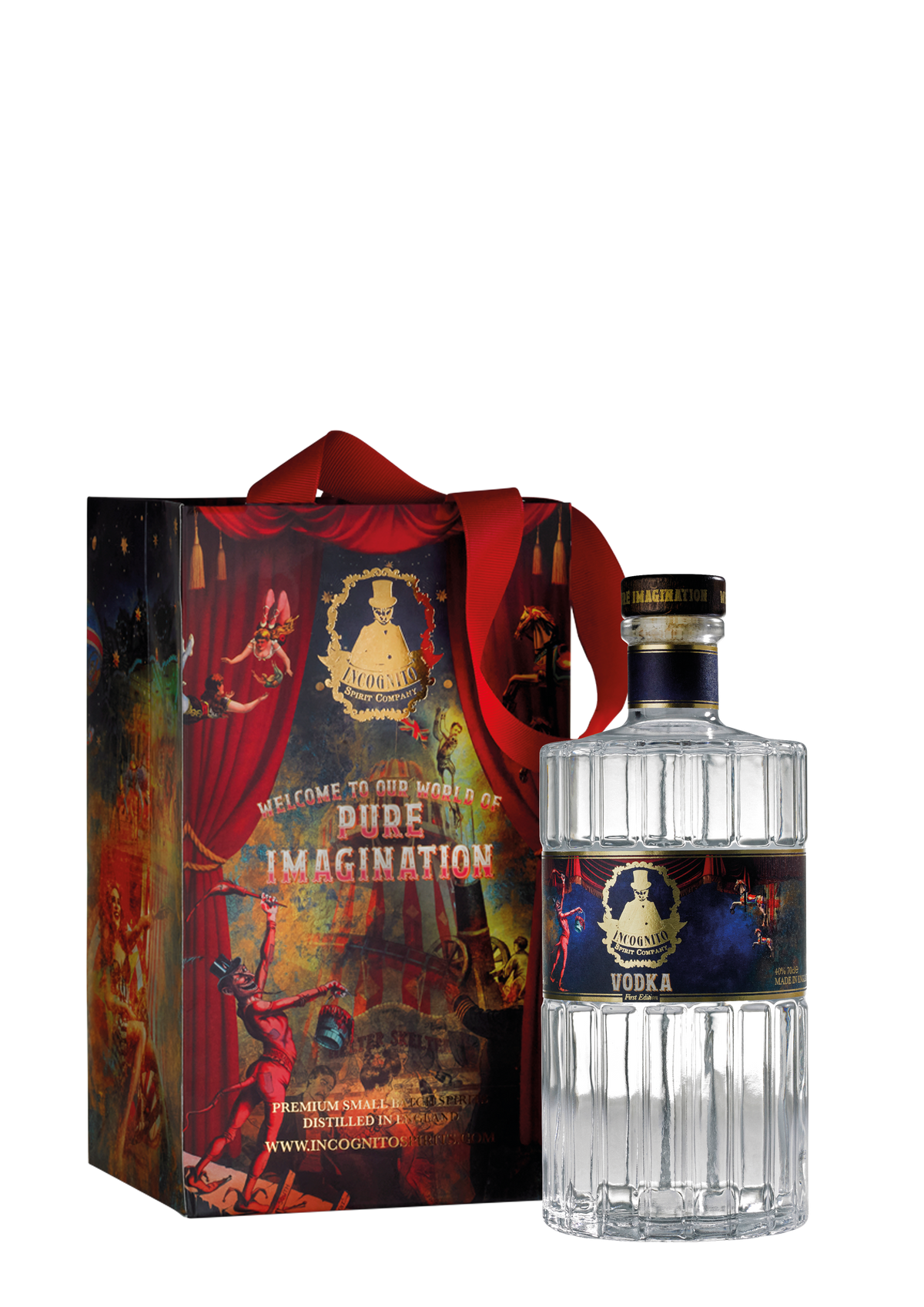 Incognito Spirits Gold Medal award-winning premium vodka bottle presented alongside its signature Pure Imagination luxury gift bag with red ribbon handles.