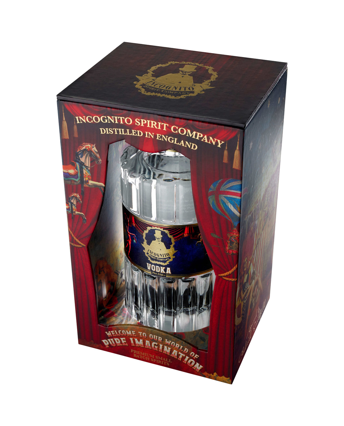 Incognito Spirits premium vodka bottle presented in its illustrated Pure Imagination gift box with matching luxury gift bag and red ribbon handles.