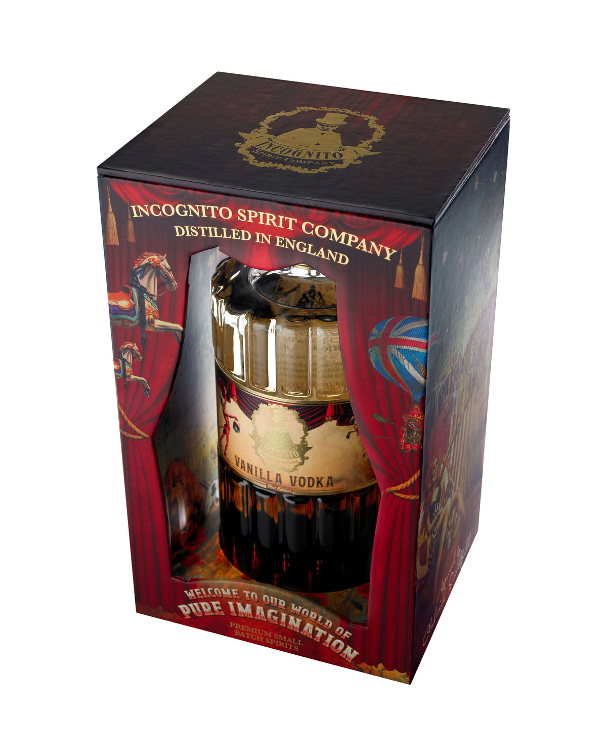 A collector's edition bottle of Incognito Vanilla Vodka with a decorative, colorful box. The bottle is clear, showing the amber-colored vodka inside. comes in luxury gift box and gift bag