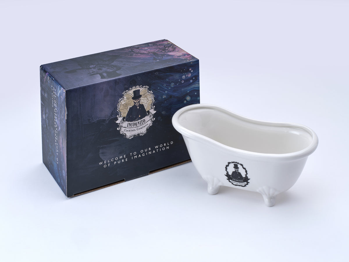 Incognito miniature white bathtub cocktail vessel with classic curved design and Incognito Cocktail Company branding, presented in an Incognito gift box.