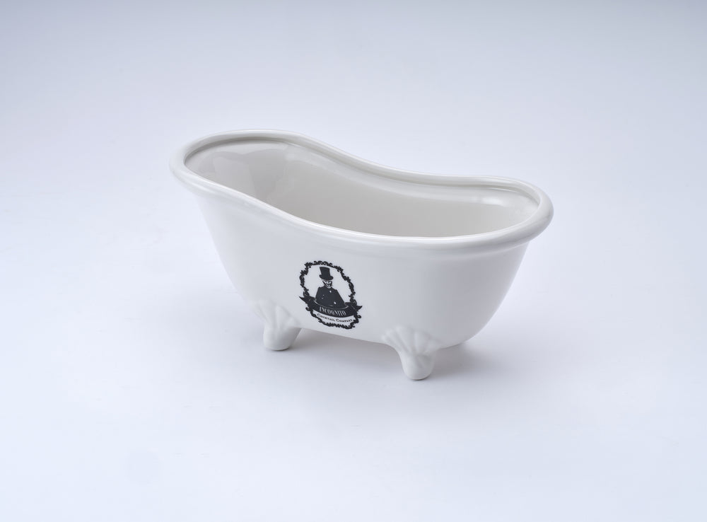 Incognito miniature white bathtub cocktail vessel with classic curved design and Incognito Cocktail Company branding, presented in an Incognito gift box.