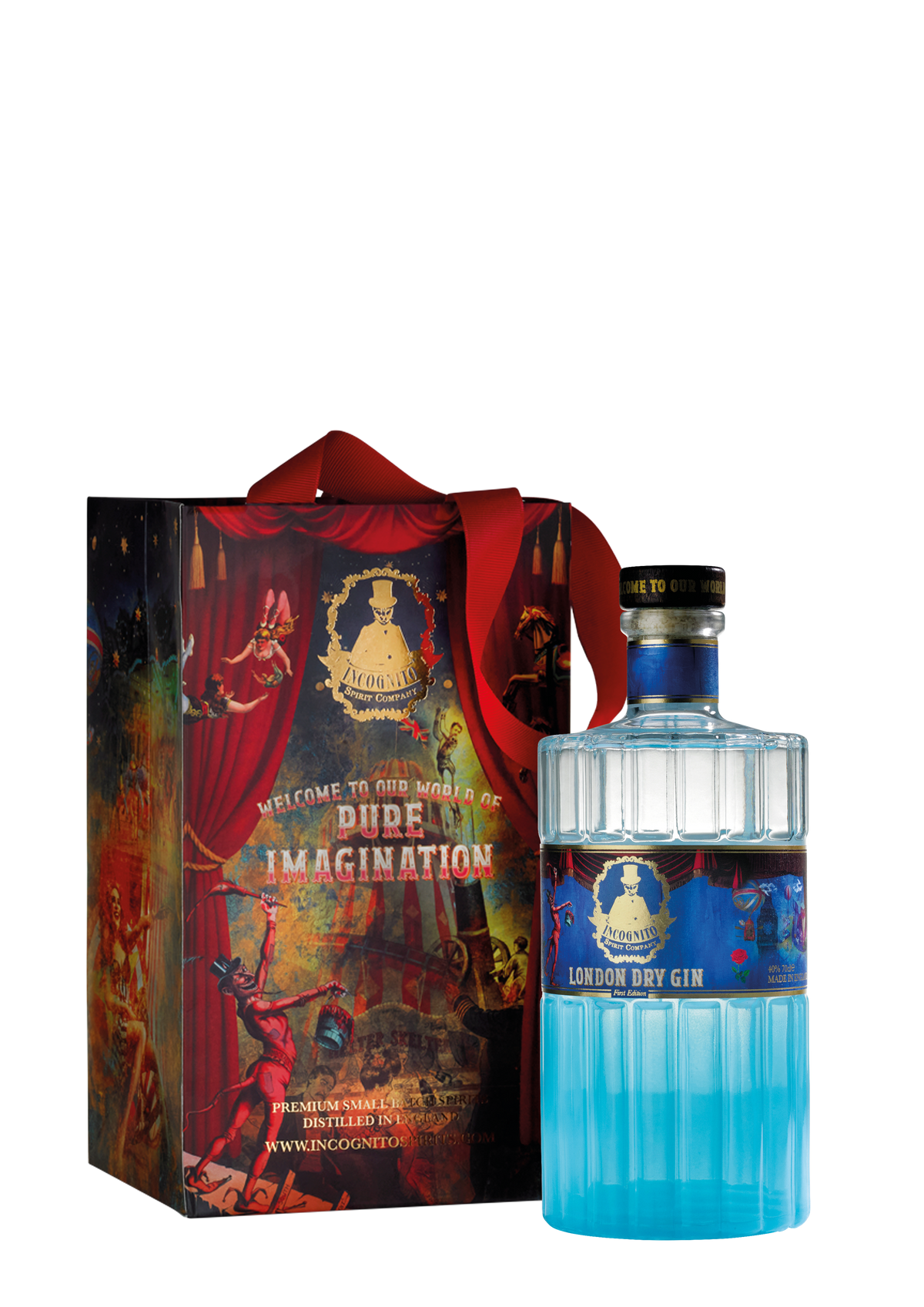 A bottle of London Dry Gin with a bright blue lower half and a dark label, standing next to its illustrated gift box with a red ribbon. The box features theatrical stage artwork with red curtains and the text 'Welcome to the world of Pure IMAGINATION'.