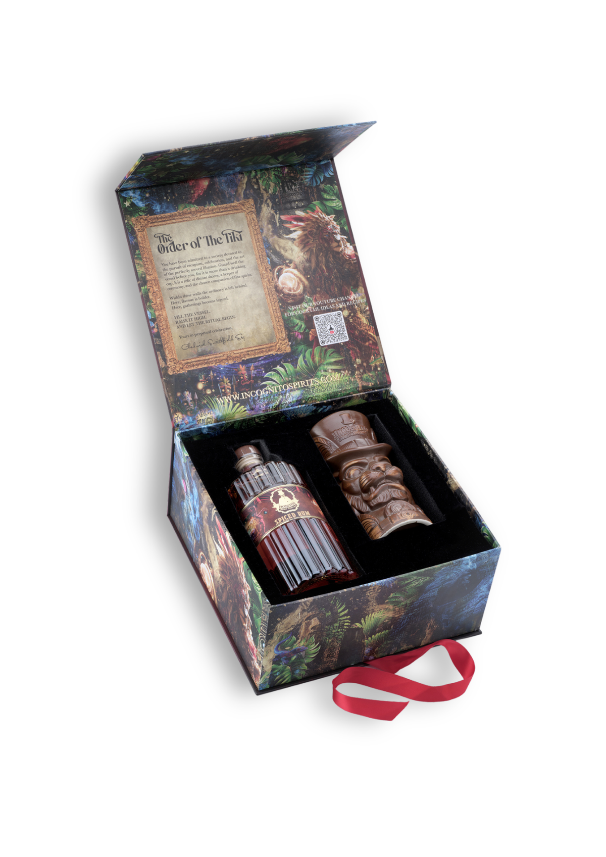 Incognito Order of the Tiki luxury gift set with Incognito Spiced Rum and collectible Tiki Mug, presented in a premium illustrated gift box and gift bag.